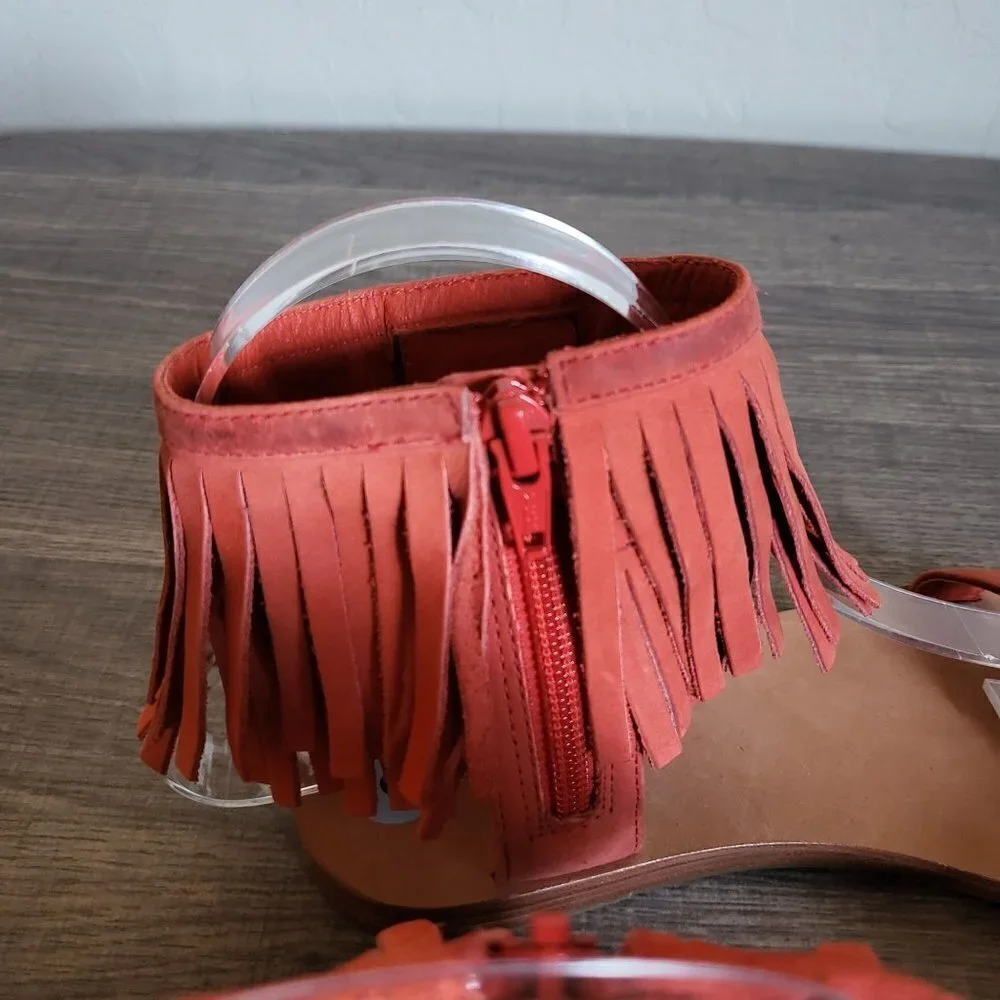 Kate Spade Alex Flat Fringe-Cuff Boho Sandals Orange Nubuck Leather Sz Women's 6
